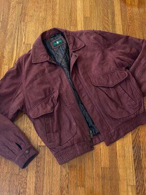 Vintage 90s Suede Soft Leather Burgundy Hunt Club Bomber Jacket - Men's Medium